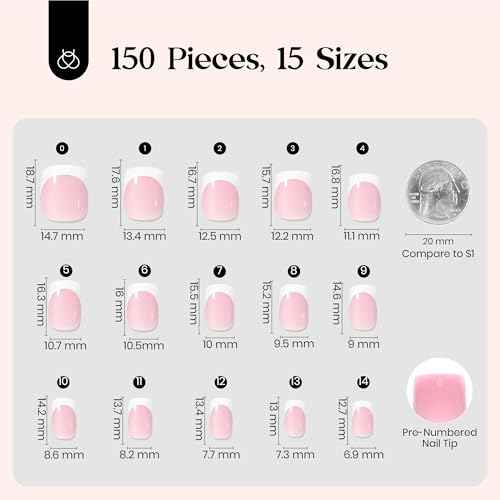 Beetles French Tip Press On Nails: 150 Pcs Pink Short Square Press On Nails 4 in 1 Nail Tips, Pre-Applied Primer & Base Coat, No File Need DIY Manicure for Fake Nails Extension Gifts for Women