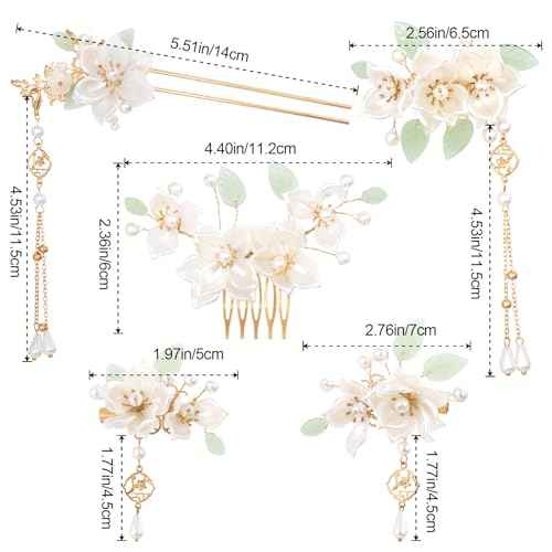 5PCS Camellia Flower Tassels Hairpin, Crystal Rhinestone Pearl Hair Clips Headpiece Retro Chinese Hanfu Wedding Brides Hair Accessories Korean Jewelry for Women Girls Updo Long Hair