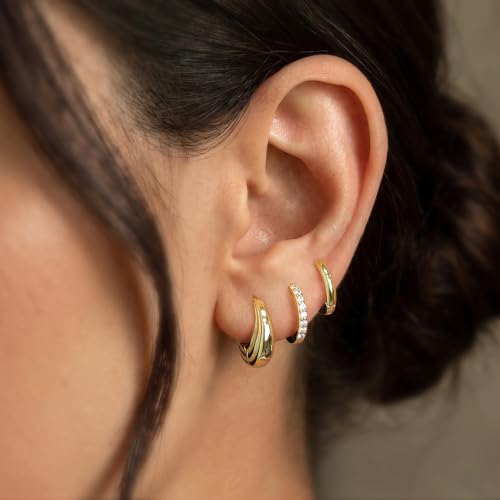 Poxtex Gold-Moon Hoop Earrings Set for Women - Hypoallergenic 14K Gold Plated Small Huggies, Dainty Stacks for Multiple Piercings, Gift Ready
