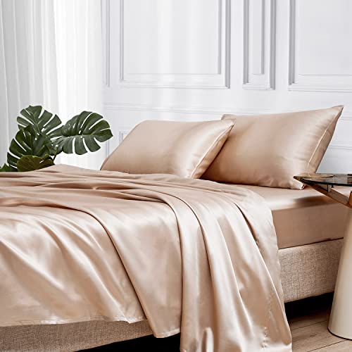 MR&HM Satin Bed Sheets, Twin Size Sheets Set, 3 Pcs Silky Bedding Set with 15 Inches Deep Pocket for Mattress (Twin, Champagne)