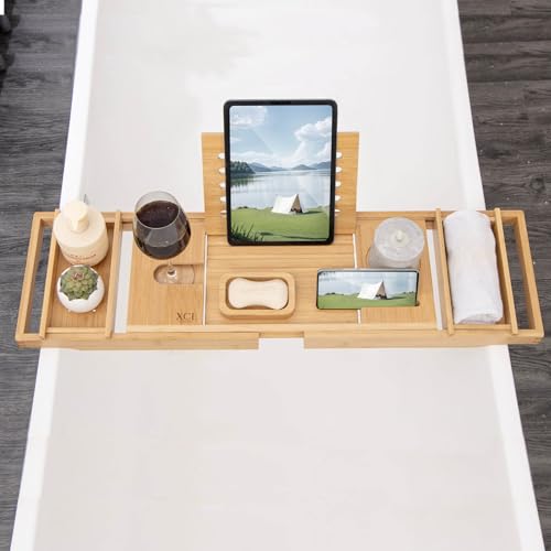 Bamboo Bathtub Caddy Tray Expandable 29-41 Inches | Book Stand