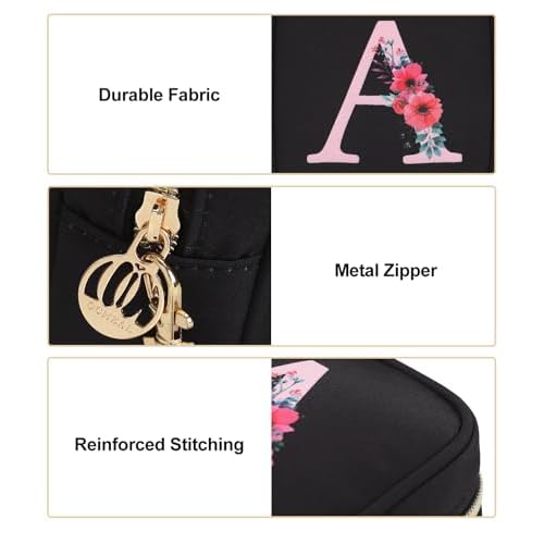 Relavel Initial Mini Makeup Bag for Girls, Small Makeup Bag for Purse with Zipper £¦ Removable Handle, Portable Makeup Pouch Lipstick Skincare Bag, Small Gift Cosmetic Bags for Women Girls(Black T)