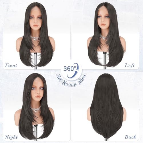 Haloo Brown Wig with Curtain Bangs - 24-Inch Lace Front Synthetic Wig