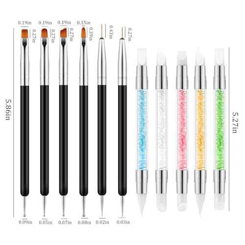 11PCS Nail Art Brushes & Nail Dotting Tools,Double Ended Tipped Silicone Nail Tools,Gel Polish Brush,Liner Brush,Dotting Pen for Home Salon DIY Kit (Black)