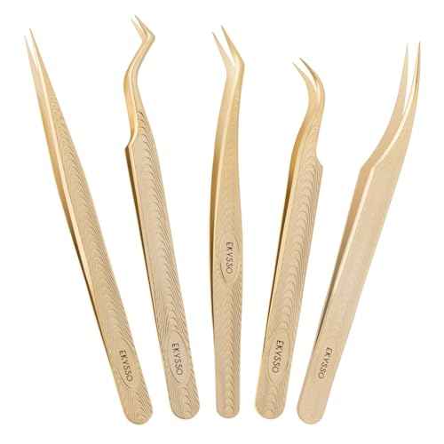 Lash Tweezers for Eyelash Extension, Professional Lash Extension Tweezer Set, High Precision Eyelash Tweezers for Volume Eyelash Extensions (Gold, 5PCS Set)
