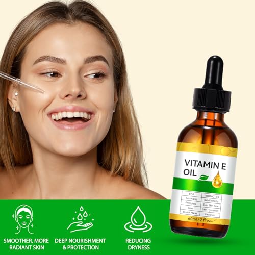Vitamin E Oil, 100% Pure Natural Vitamin E for Skin, Hair, Nails & Scars, Body, for Moisturizing Dry Skin, Skincare, Cold Pressed, Hexane Free, Non-GMO, 2 Fl Oz