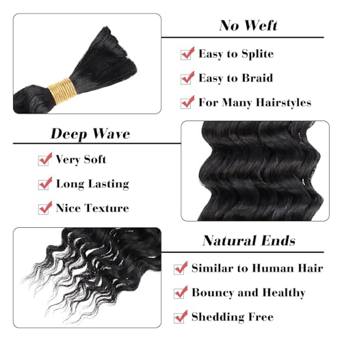AuokMar Deep Wave Human Braiding Hair B #1B / 24 Inch 2 Bundles, 110g, Brazilian Natural Color
