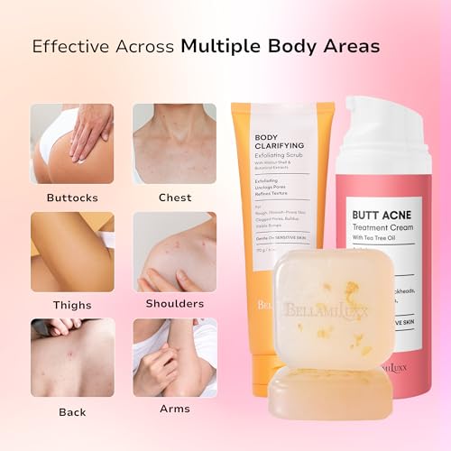 3-Step Butt Acne Clearing Routine: Cleanser Soap + Body Acne Scrub + Clearing Lotion for Breakouts on Butt, Thighs, Back, Clogged Pores & Rough Buttocks ? Exfoliate, Cleanse & Smooth