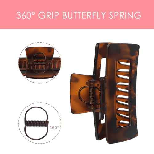 Claw Clip for Women, 4.3" Large 360¡Æ Grip Butterfly Spring Hair Clip, Matte Claw Clips 2 Pack - Strong Hold Rectangle Clips, Durable for Thick Hair, Black & Tortoise