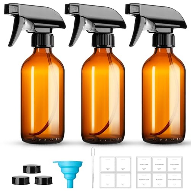 8oz Amber Glass Spray Bottles - 3 Pack with Adjustable Nozzles