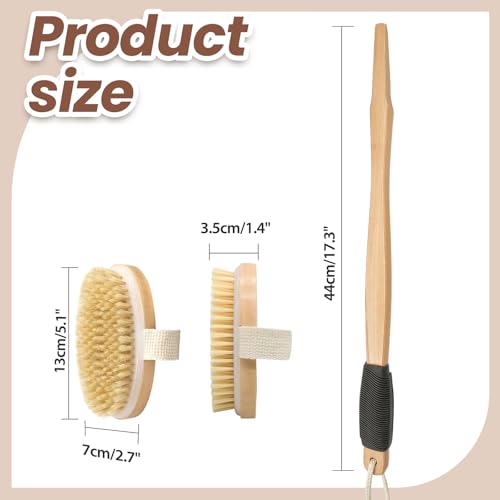 Wood Body Brush Set,20.6¡¯¡¯ Long Handle Bath Body Back Scrubber Soft & Stiff Bristles Detachable 2 Brush Heads Gentle Exfoliator Remove for Wet & Dry Use