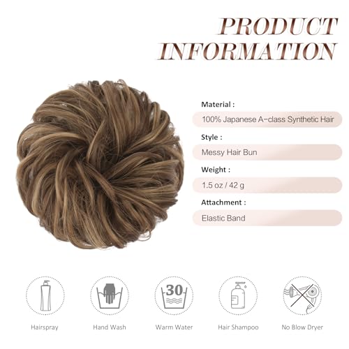FESHFEN Messy Bun Hair Piece - Wavy Synthetic Chignon for Thick Hair, Brown Mixed Honey Blonde, 1.5 oz, Medium (22H10#)