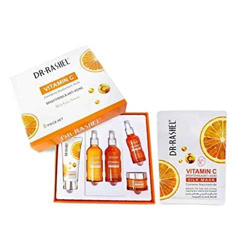 Dr Rashel Vitamin C Skin Care Series , Contains Hyaluronic Acid, Anti Aging and Collagen Essence ( Pack Of 5 Piece Set ) + 1 Pcs of Vitamin C Silk Mask