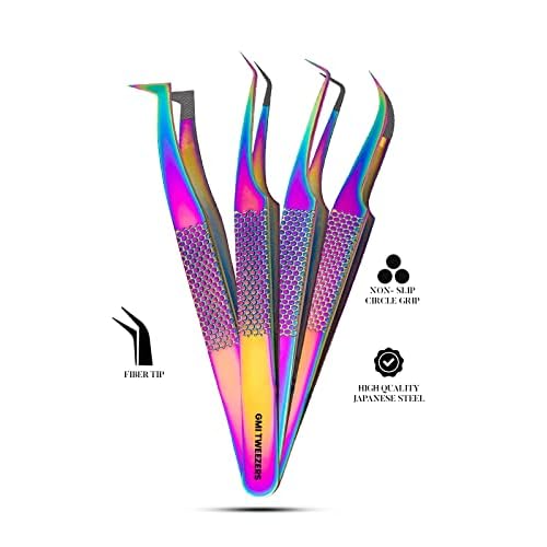 Fiber Tip Lash Tweezers- Pack of 4 Eyelash Extension Tweezers Professional- Lash Tweezers.