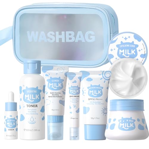 Milk Skincare Set Girls Gifts - 8Pcs Milk Skin Care Sets & Kits for Teens - Skin Care Kit for Women Kids Teenage Girls with Cleanser, Toner, Eye Cream, Serum, Sunscreen, Face Cream, Scrub, Bag