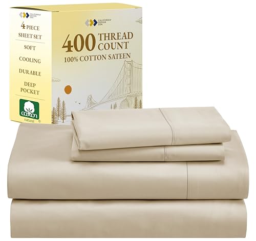 California Design Den Beige Full Size Sheets Set, 400 Thread Count 100% Cotton Sateen, Soft & Breathable, Cooling Full Sheet Set (Beige)