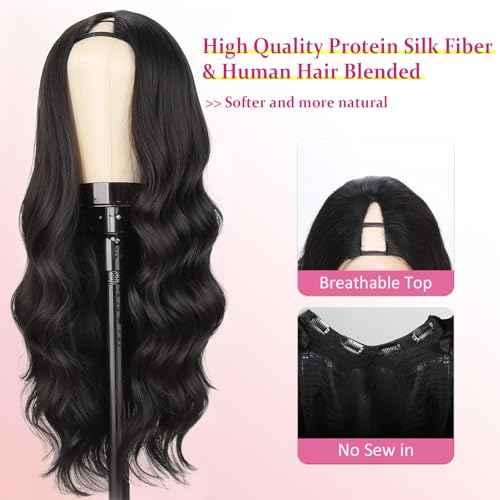 V Part Wig Body Wave Upgrade U Part Wigs for Black Women Premium Protein Silk Fiber & Human Hair Blended, Clip in V-Part Half Wigs Glueless Wear and Go 180% Density Natural Black 20 Inch