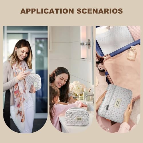 3Pcs Large Travel Quilted Makeup Bag, Double Layer Cute Floral Cotton Toiletry Bag, Aesthetic Flower Cosmetic Bag Coquette Skincare Organizer Bag for Wome (74-PinkFloral)