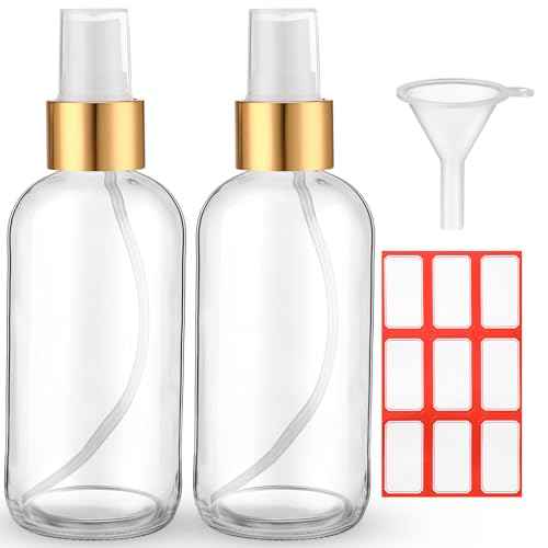 Fumete 2 Pack Glass Bottles 4oz Empty Refillable Liquid Containers with 1 Label 1 Funnel for Essential Oils Hair Travel Plants Cleaning Skin Care(Clear, Golden Top,Mist Bottle)