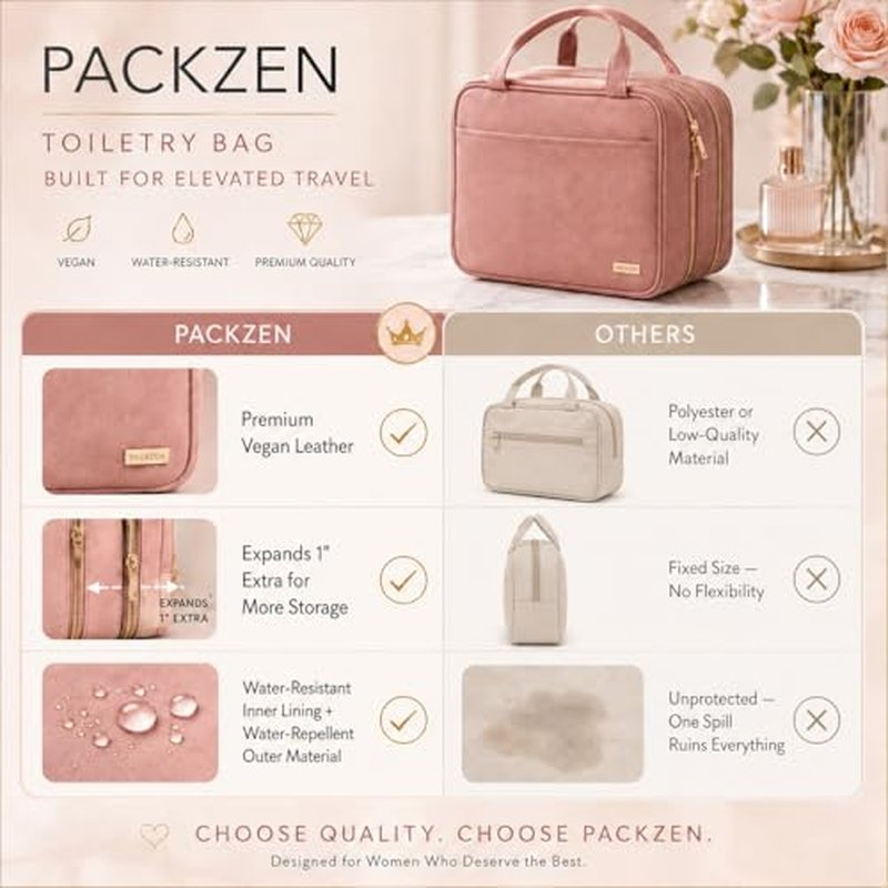 Pink Vegan Leather Travel Toiletry Bag for Women - Large Makeup Organizer