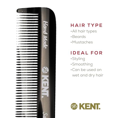 Kent FOT Black Graphite Fine Tooth Beard Comb - 4.5" Handmade Pocket Travel Comb for Men - Styling Combs for Fine or Thinning Hair, Mustache and Beard Care and Hair Care Kent