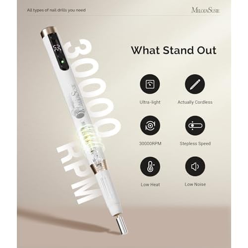 MelodySusie Pen-Shaped Ultra-Slim Cordless Nail Drill, PM170F 30000RPM Portable Rechargeable Electric File with LED Display for All Manicure, Nail Care, Shaping & Gel Removal for Advanced Home Use