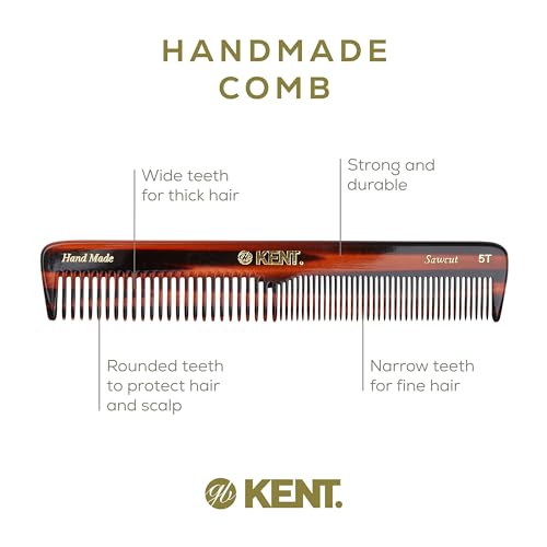 Kent 5T 6.6 Inch Double Tooth Dressing Comb, Multi-Purpose Styling and Grooming Comb for Hair, Beard, and Mustache - Coarse and Fine Teeth for Men, Women, and Kids. Made in England