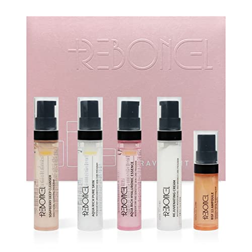 REBONCEL Korean Skin Care Set Travel Kit, TSA Approved Travel Size Toiletries, Ampoule, Cleanser, Toner, Essence, Cream | Travel Essentials Gift Set | All-Natural Moisturizing Skincare