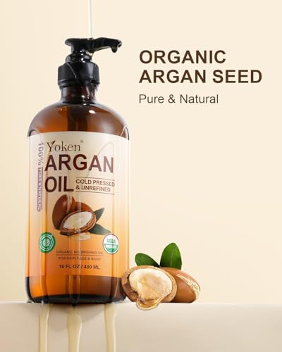 Yoken 16oz USDA Organic Argan Oil - Cold Pressed Moroccan Oil, 1 Bottle