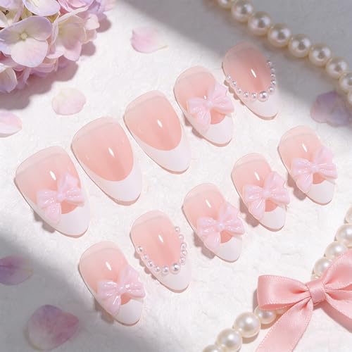 XZMeiLun 506-Short Almond French Tip Press On Nails with 3D Pearls & Pink Bow, 30 Pcs, 15 Sizes (Glue Not Included) - Reusable