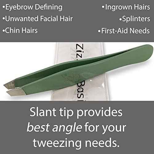 Tweezers ? Surgical Grade Stainless Steel - Slant Tip for Expert Eyebrow Shaping and Facial Hair Removal ? with Protective Pouch (Sage)
