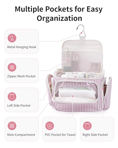 Narwey Hanging Travel Toiletry Bag for Women, Large Makeup Organizer, Dusty Pink Stripe
