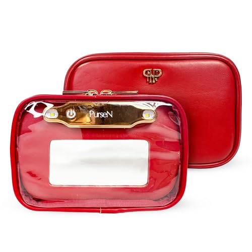 OFT 2024 LITTMINI Lighted Mirror Case - Small Makeup Bag with Detachable Mirror & Multiple Pouches for Organization - Vegan Leather, Mini Makeup Bag Ideal for Travel & Everyday Essentials (Red)
