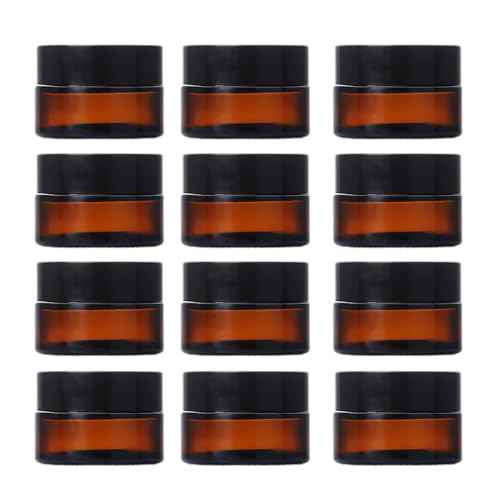 12Pcs Small Amber Glass Jars with Black Lids Empty Cosmetic Containers with Inner Liners Refillable Travel Containers Bottles for Lotion Face Cream Makeup Lip Balm 5g