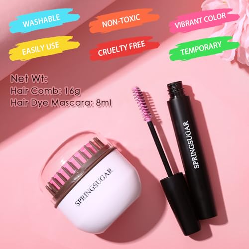 Hot Pink Temporary Hair Chalk & Washable Mascara Dye Set for Girls Kids - Vibrant Hair Color Comb