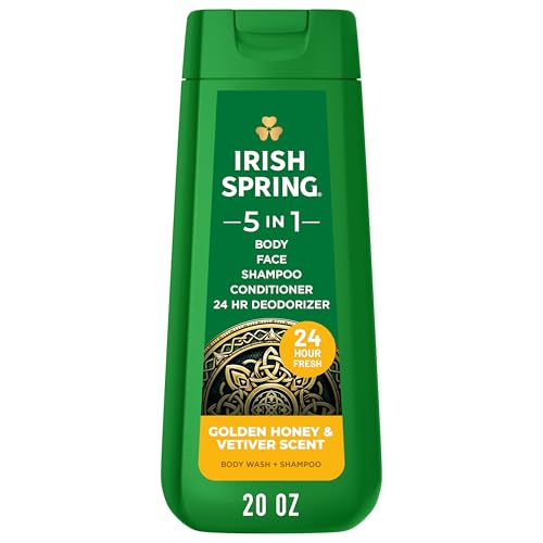 Irish Spring 5 in 1 Moisturizing Body Wash for Men, Shampoo, Conditioner, Body and Face Wash, and 24 Hour Deodorizer, Paraben-Free, Golden Honey & Vetiver Scent, 20 fl oz, 4 Pack
