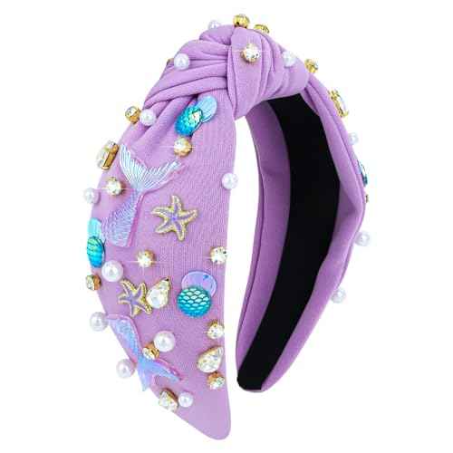 YARIEW Mermaid Knotted Headband, Purple, Hairband for Women and Girls, Mermaid Hair Accessories with Tail and Starfish, Party Decorations Gifts