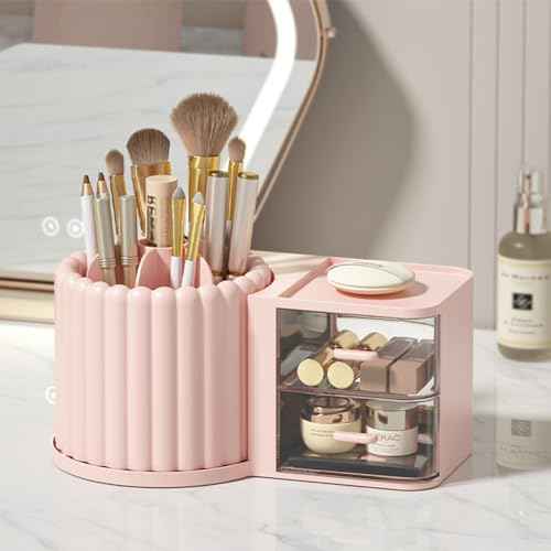 Makeup Organizer Countertop,360 Rotating Makeup Brush Holder With 2 Drawers,Small Preppy Organizer |9.25x5.11inch|Pink