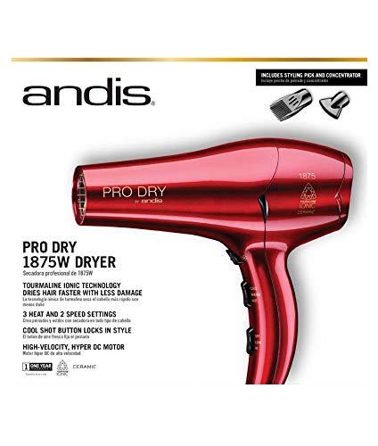 Andis 30245 1875W Tourmaline Ceramic Ionic Pro Dry Professional Hair Dryer with 3 Heat Settings/2 Speed Settings- Red