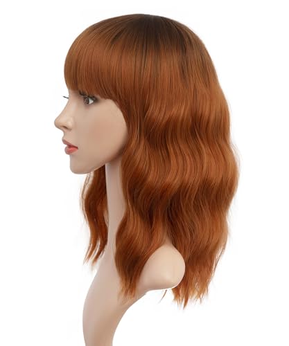 ENTRANCED STYLES Auburn Wavy Bob Wig with Bangs - Short Curly Synthetic Hair, 14 Inch, Heat Resistant, Natural Look for Women