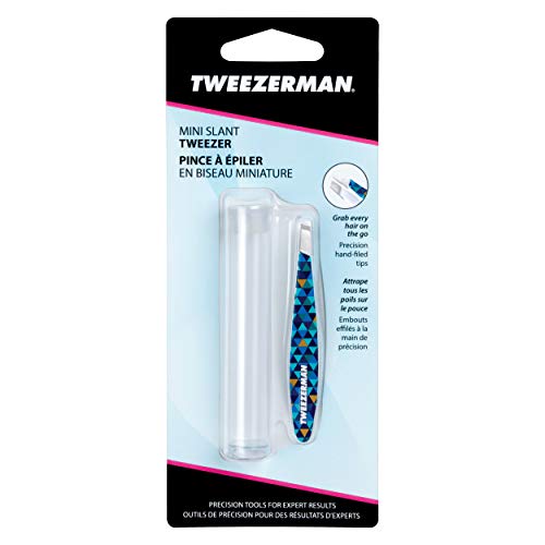 Tweezerman Mini Slant Tweezer - Tweezers for Eyebrows, Travel Tweezers for Eyebrows, Facial Hair, Ingrown Hair (Geometric Pattern)