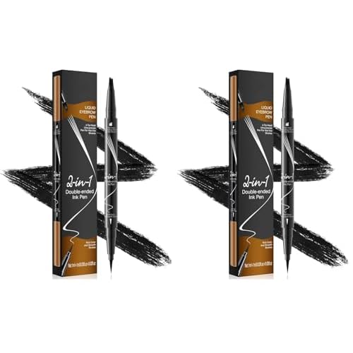 Pinkiou Microblading Eyebrow Pen, 2-In-1 Waterproof Eyebrow Pen, Dual-Ended Eyebrow Pen with 4-Fork-Tips and Precision Brush, Eyebrow Pen for Natural Hair-Like Brows,Long Lasting,Black (Pack of 2)