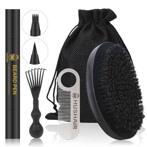 Beard Brush 5-in-1 Set for Men - Natural Boar Bristle Brush & Beard Pen Filler£¬Stainless Steel Beard Comb/Combing Brush/Ramie Storage Bag - Great for Grooming Beards and Mustaches