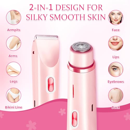 Bikini Trimmer for Women, 2 in 1 Electric Razors for Women, Dermave Bikini Shaver, IPX7 Waterproof & Easy Cleaning, Ceramic Blade, 120 Min Cordless Runtime, Ultra Low Silent (Pink).