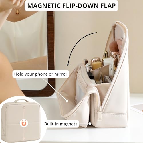 Travel Makeup Bag with Magnetic Flap & Standing Storage, Waterproof Cosmetic Organizer
