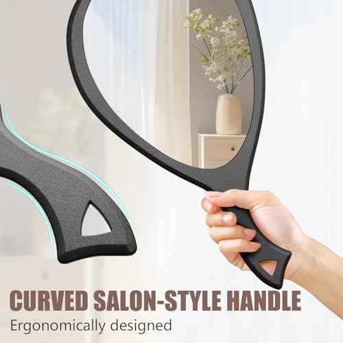 Large Handheld Mirror with Handle - 10.5" W x 19.5" L Extra Large Size to See The Entire Back of Your Head, Clear Without Distortion, Ergonomic Handle with Hanging Hole for Hanging, Oval, Black