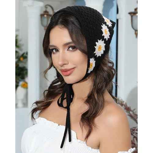 AWAYTR Crochet Head Scarf Hair Bandanas Women Knit Bandana Headband Scarf Tie-Back Head Coverings Floral Headscarf for Girls