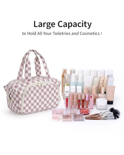 Narwey Large Travel Toiletry Bag for Women Dusty Pink Checkerboard
