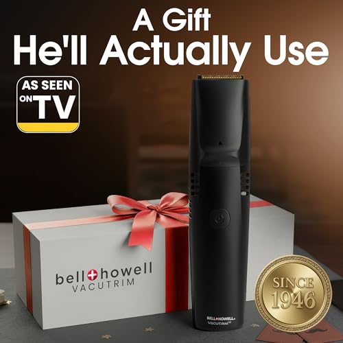 Bell+Howell Vacutrim Deluxe Cordless Mens Beard Trimmer, Rechargeable Electric Shaver with 20 Trim Setting and Built-in Vacuum for Mustache, Sideburns. Facial Hair, Black, 7.5", As Seen On TV