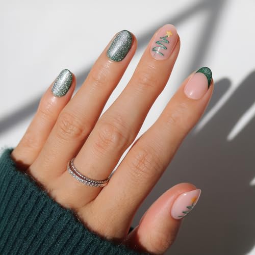 Glamnetic Velvet Pine Press-On Nails - Short Oval Green